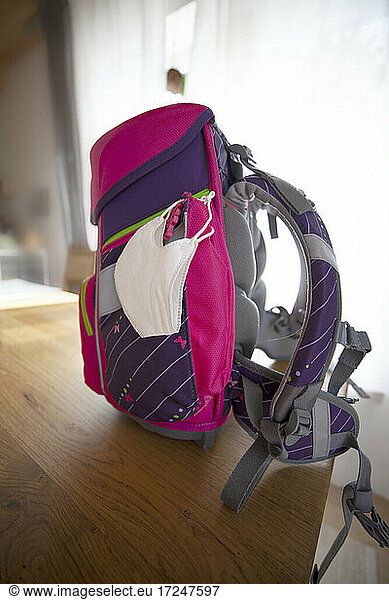Backpack with protective face mask at table