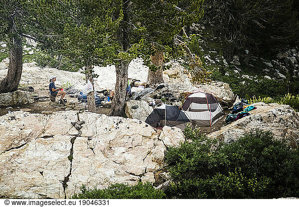Backpackers camping along Ruby Crest National Recreation Trail  Elko  Nevada  USA