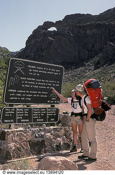 Backpackers stop to read a sign