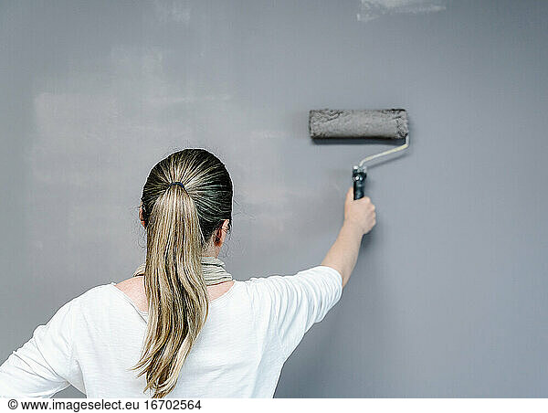 Backwards woman catching a painting roller full of grey painting on a wall. The painter is upping and downing the roller covering the wall with grey painting what remains wet. Horizontal pic
