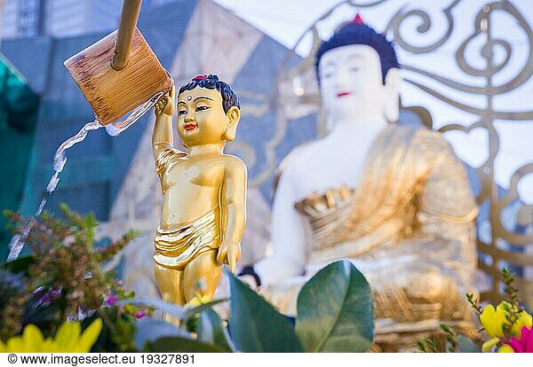 Baden einer goldenen Statue des Buddha. Das Baden von Buddhastatuen ist eine traditionelle Wunschzeremonie im Buddhismus an Buddha#39  s Geburtstag