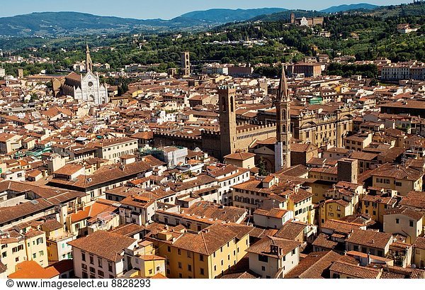 Badia Florentina Bargello Palace Basilica of Santa Croce Rooftops from Giotto´s Bell Tower Florence Tuscany Italy Europe.