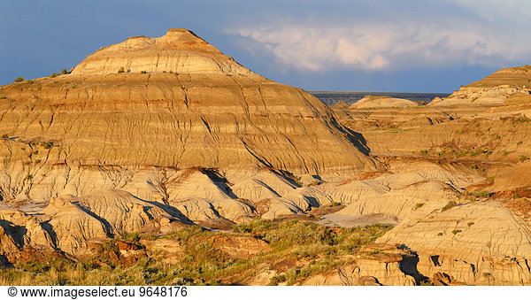 Badlands im Abendlicht  erodierte Steinformationen aus Sedimentgestein  Dinosaurier-Provinzpark  UNESCO Weltnaturerbe  Alberta  Kanada  Nordamerika