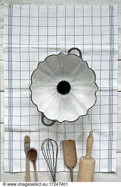 Baking utensils against tea towel