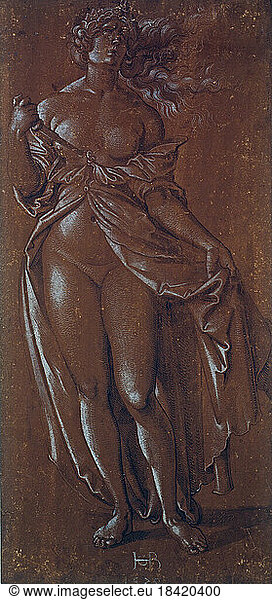 Baldung  Hans  called Hans Baldung Grien 1484/85–1545.“Lucretia   1520.(The Roman Lucretia  wife of the general Collatinus  kills herself after her violation by Tarquinius Sextus  509 BC).Chiaroscuro drawing. Pen in dark brown  washed gray-brown  heightened with white with pen and brush  on brown-primed paper 302 × 139/142 mm.Inv. No. 649.Frankfurt am Main  Städel Museum.