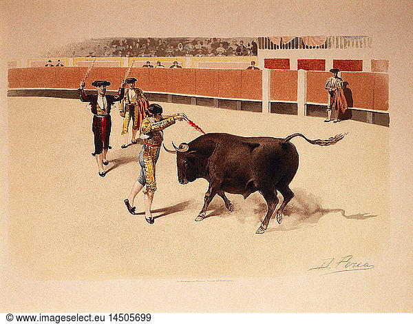 Banderillear al Cuarteo  Bull Fighting  Chromolithograph  1900