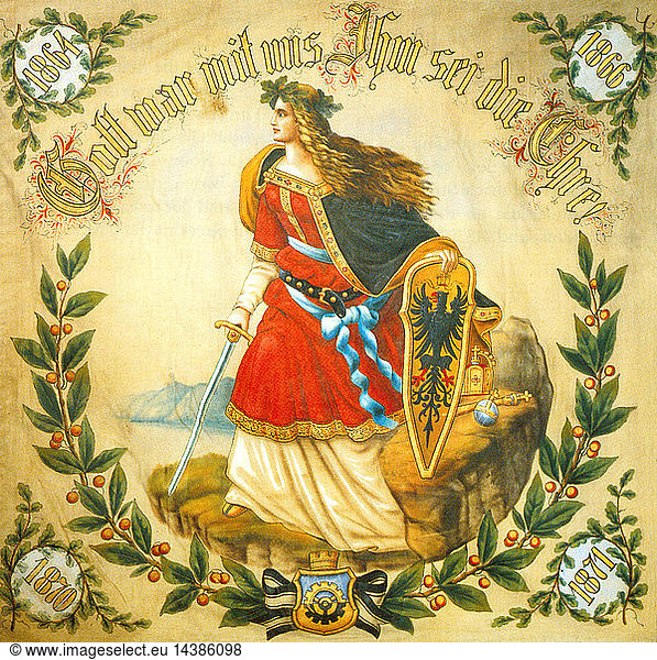 Banner with the image of Germania  symbol of a united Germany  c1918. The banner carries the four crucial dates of German Unification.