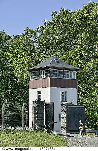 Barbed wire  watchtower  beech forest Concentration Camp Memorial  Thuringia  Germany  Europe
