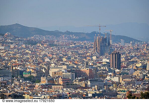 BARCELONA  SPAIN  APRIL 15  2019: View of Barcelona city cityscape with Sagrada Familia church. Barcelona  Spain  Europe