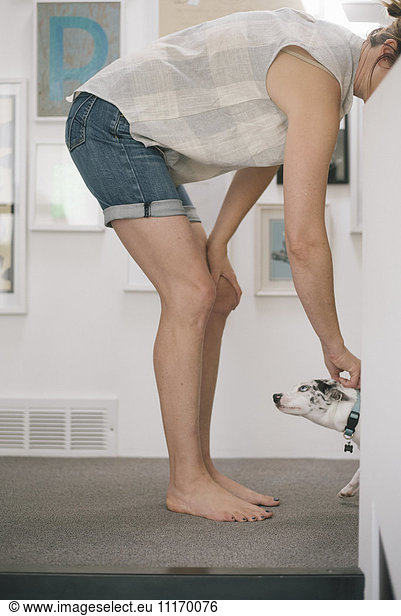 Barefoot woman wearing denim shorts standing indoors  stroking white dog.