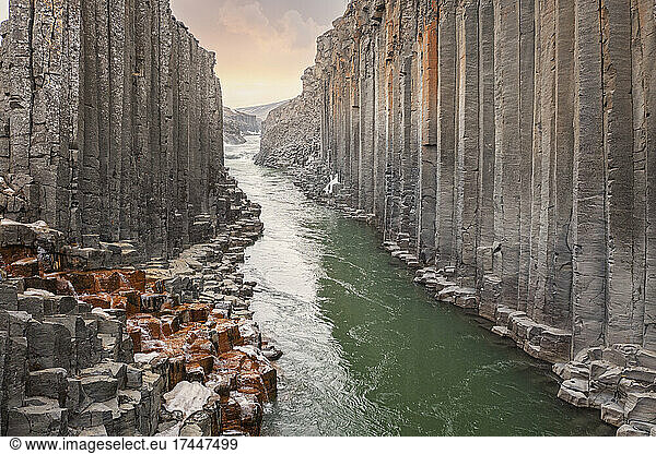 basalt column canyon with geometric shapes