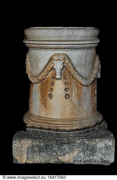 Base of a cylindrical funeral altar of Ariston  son of Demostratos  1st century BC  Laodikeia in Phoenicia  Archaeological Museum in the former Order Hospital of the Knights of St John  15th century  Old Town  Rhodes Town  Greece  Europe