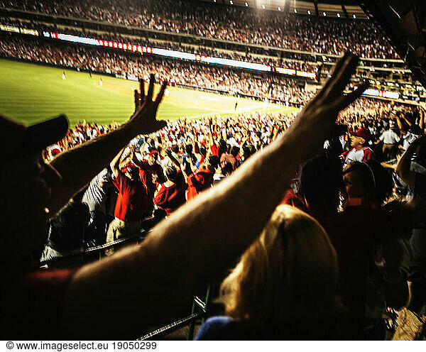 Baseball fans raising their arms.