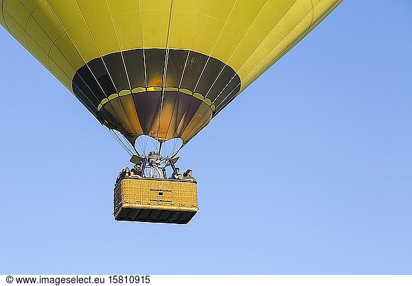 Basket of a hot-air balloon with people  shortly after launch  Bonn  North Rhine-Westphalia  Germany  Europe