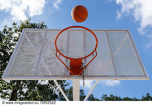 Basketball and hoop and sky
