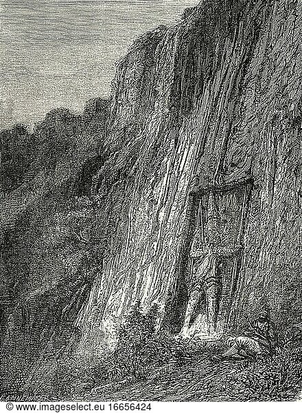 Basrelief eines Luviari-Kriegers am Pass von Karabel  Türkei. Alter Stich aus dem XIX. Jahrhundert aus Le Tour du Monde 1864.