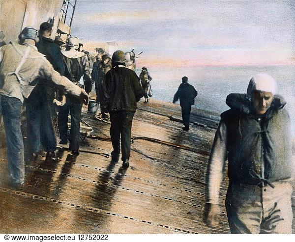 BATTLE OF MIDWAY  1942. Crew members inspect the aircraft carrier USS Yorktown  damaged by aerial and submarine attacks during the World War II Battle of Midway  3-6 June 1942. Oil over a photograph.
