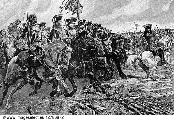 BATTLE OF RAMILLIES. War of the Spanish Succession  1701-1713. John Churchill  Duke of Marlborough  leading a cavalry charge at the Battle of Ramillies  Belgium  1706. Line engraving  19th century.