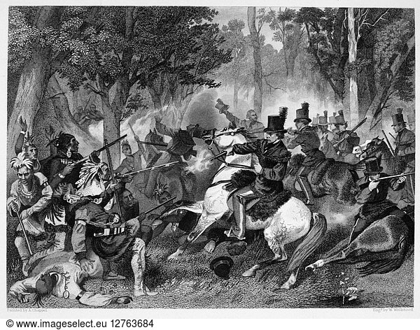 BATTLE OF THE THAMES. Death of Tecumseh at the Battle of the Thames during the War of 1812  5 October 1813. Steel engraving  American  1857  after Alonzo Chappel.