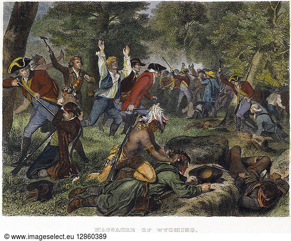 BATTLE OF WYOMING  1778. The American defeat at the Battle of Wyoming  Pennsylvania  3 July 1778  by Tory and Native American raiders under Colonel John Butler. Color engraving  19th century.