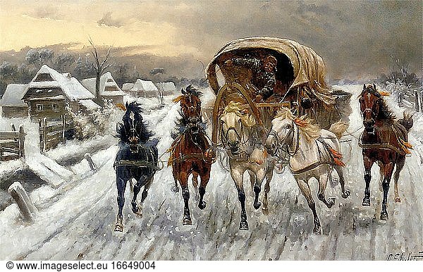 Baumgartner-Stoiloff Adolf - eine russische Karawane im Schnee - Russische Schule - 19. Jahrhundert.