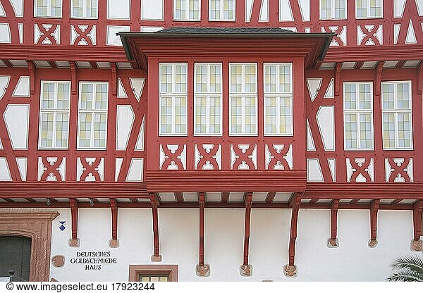 Bay window of the German Goldsmith's House with inscription  Altstädter Markt  Hanau  Hesse  Germany  Europe
