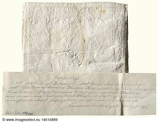BAYERN KÃ–NIGSHAUS  KÃ¶nig Ludwig II. - Taschentuch  das er am Tage seines Todes bei sich trug. WeiÃŸe Seide  in einer Ecke eingestickt das gekrÃ¶nte Monogramm 'L' des KÃ¶nigs. Mehrfach gefaltet  etwas fleckig. 55 x 60 cm. Umlaufend drei Zentimeter breite BordÃ¼re. Beiliegend handschriftlicher Herkunftsnachweis: 'Taschentuch I.M. des KÃ¶nigs Ludwig II.  das er in der Tasche trug  als SchloÃŸverwalter Huber ihn aus dem Starnbergersee barg. Gegeben von SchloÃŸverwalter Huber an meinen Vater  Stabskassier des kgl. Obersthofmeisterstabes  Franz Marggraf am 13. Juni 1886. Hermine Hieber geb. Marggraf'. Links unten Vermerk des MÃ¼nchner Auktionshauses Karl u. Faber  122/928. Der 13. Juni 1886 war der Todestag des bayerischen MÃ¤rchenkÃ¶nigs. Gegen 22:00 entdeckten Schlossverwalter Bernhard Huber und Dr. MÃ¼ller  der Assistent des zusammen mit Ludwig verstorbenen Arztes Dr. Gudden  Hut und Mantel des KÃ¶nigs unterhalb des Schlosses Berg am Ufer des Starnberger Sees und suchten sofort auf einem Fischerkahn den See ab. Gegen 22:30 entdeckten die beiden den KÃ¶nig auf dem Wasser treibend  und kurz dahinter seinen Arzt Dr. Gudden. Sentimentales ErinnerungsstÃ¼ck an den mysteriÃ¶sen Tod des berÃ¼hmten bayerischen KÃ¶nigs. BAYERN KÃ–NIGSHAUS, KÃ¶nig Ludwig II. - Taschentuch, das er am Tage seines Todes bei sich trug. WeiÃŸe Seide, in einer Ecke eingestickt das gekrÃ¶nte Monogramm 'L' des KÃ¶nigs. Mehrfach gefaltet, etwas fleckig. 55 x 60 cm. Umlaufend drei Zentimeter breite BordÃ¼re. Beiliegend handschriftlicher Herkunftsnachweis: 'Taschentuch I.M. des KÃ¶nigs Ludwig II., das er in der Tasche trug, als SchloÃŸverwalter Huber ihn aus dem Starnbergersee barg. Gegeben von SchloÃŸverwalter Huber an meinen Vater, Stabskassier des kgl. Obersthofmeisterstabes, Franz Marggraf am 13. Juni 1886. Hermine Hieber geb. Marggraf'. Links unten Vermerk des MÃ¼nchner Auktionshauses Karl u. Faber, 122/928. Der 13. Juni 1886 war der Todestag des bayerischen MÃ¤rchenkÃ¶nigs. Gegen 22:00 entdeckten Schlossverwalter Bernhard Huber und Dr. MÃ¼ller, der Assistent des zusammen mit Ludwig verstorbenen Arztes Dr. Gudden, Hut und Mantel des KÃ¶nigs unterhalb des Schlosses Berg am Ufer des Starnberger Sees und suchten sofort auf einem Fischerkahn den See ab. Gegen 22:30 entdeckten die beiden den KÃ¶nig auf dem Wasser treibend, und kurz dahinter seinen Arzt Dr. Gudden. Sentimentales ErinnerungsstÃ¼ck an den mysteriÃ¶sen Tod des berÃ¼hmten bayerischen KÃ¶nigs.,