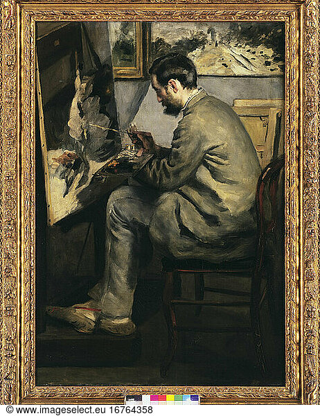 Bazille  Frederic; French painter; Montpellier 6.12.1841 – (killed in action)
Beaunne-la-Ronde 28.11.1870. Frederic Bazille painting “Le heron aux ailes deployees . Painting  1867  by Auguste Renoir
(1841–1919).
Oil on canvas  105 × 73 5 cm.
Paris  Musée d’Orsay.