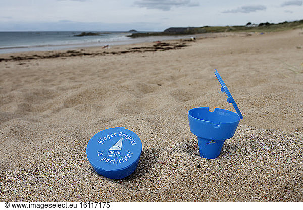 Beach ashtrays distributed by the municipality of Plérin  Brittany  France