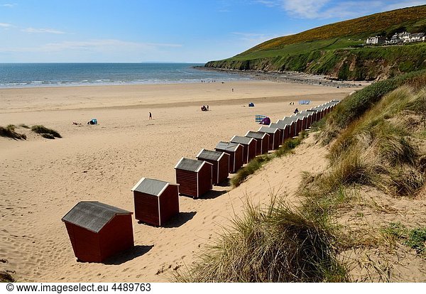 Beach huts at Saunton Sands beach at Saunton near Braunton on the North Devon coast,  England,  United Kingdom