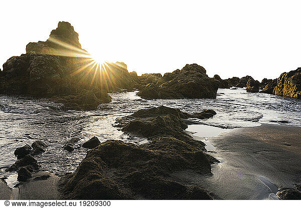 Beach with rocks at sunset