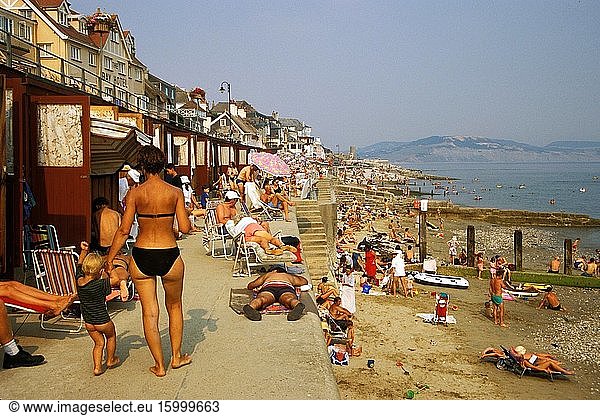 Beachfront at Lyme Regis  Dorset  southern England  in summer 1995.