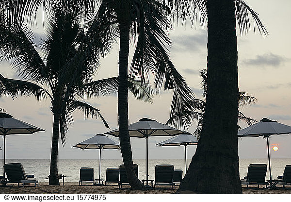 Beachside umbrellas at a luxury resort on a tropical island at sunset.