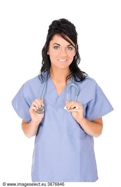 Beautiful Caucasain nurse standing on white background
