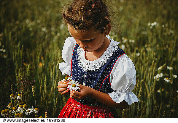 Beautiful girl collecting flowers in the field wearing a German Dirndl