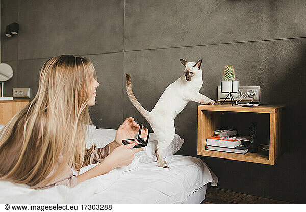 beautiful girl holding a cat  smiling  playing with it