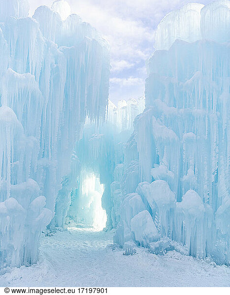 Beautiful Ice Castles against sky during sunset