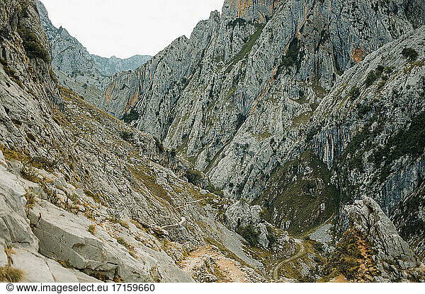 Beautiful landscape scenery of mountain range at Cares Trail in Picos De Europe National Park  Asturias  Spain