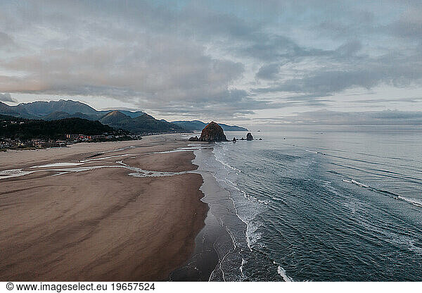 beautiful morning aerial view of Cannon Beach  Oregon