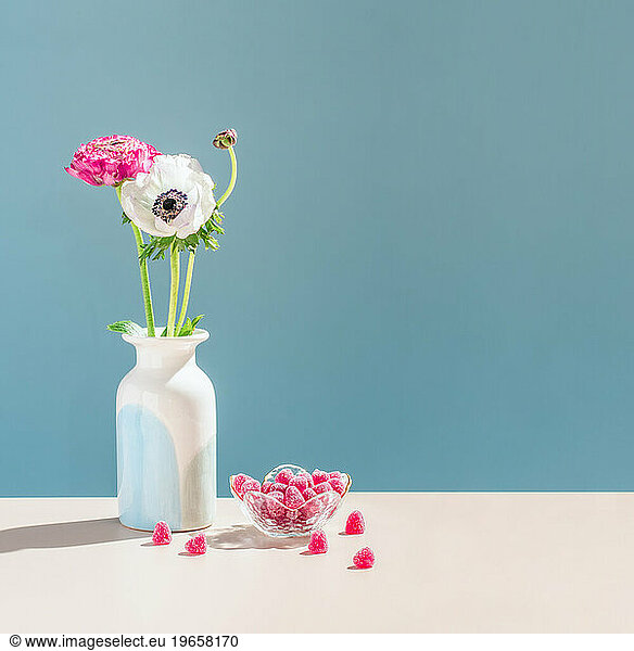 Beautiful still life background . Bouquet Of Pastel Flowers In vase.