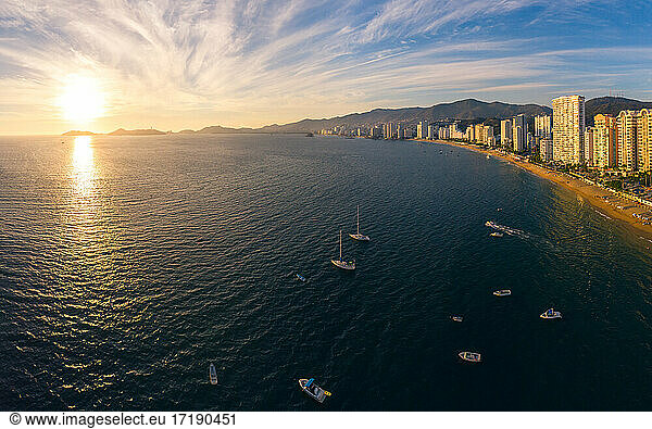 Beautiful sunset  aerial view of the beach  acapulco seen from above.