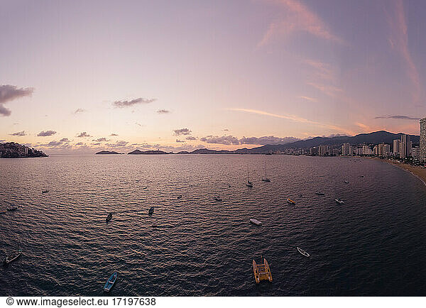 Beautiful sunset  aerial view of the beach  acapulco seen from above.