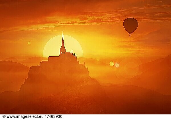 Beautiful sunset landscape over the misty kingdom between the orange hills in the center of nature and the silhouette of a flying air balloon. Fantasy world imaginary view  another reality concept