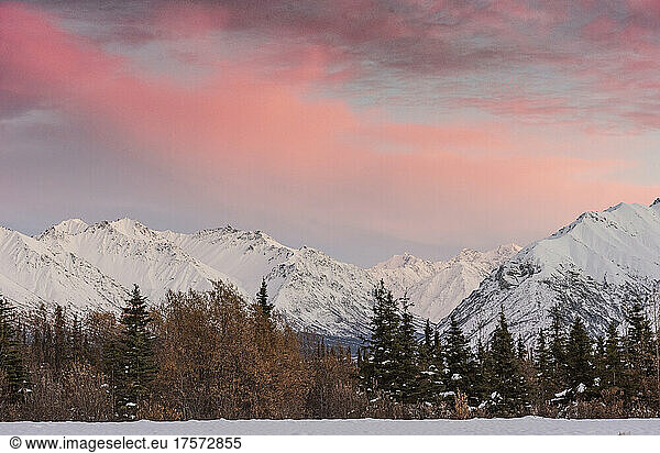 Beautiful sunset over the Chugach mountain range in Alaska