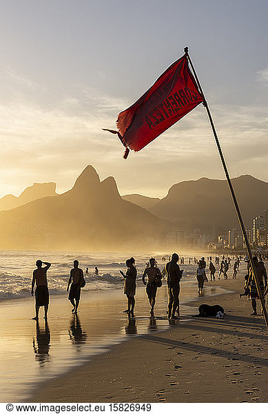 Beautiful view to danger red flag sign in Ipanema Beach