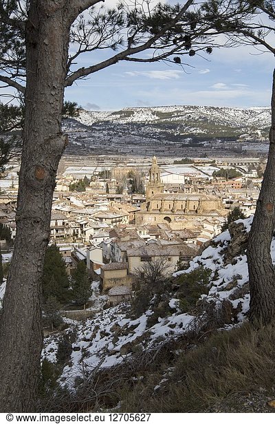Beautiful winter mountains landscape Gudar sierra Teruel Aragon Rubielos de Mora village one of the most beautiful villages in Spain.