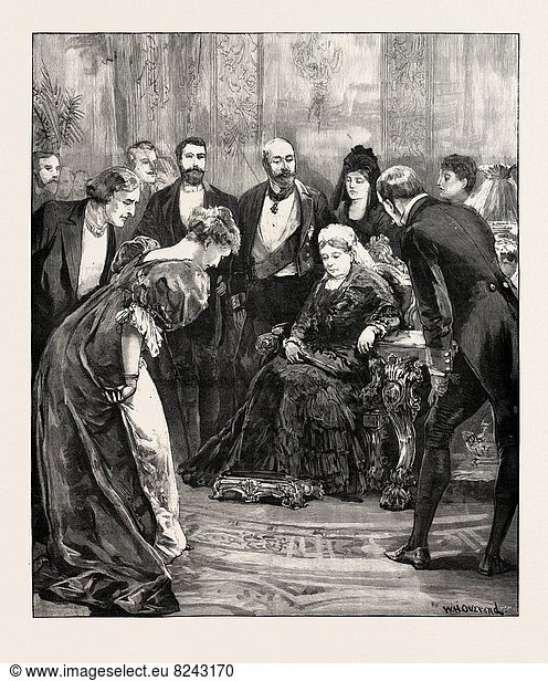BECKET AT WINDSOR CASTLE  UK  Mr. Irving and Miss Ellen Terry had the honour of being presented to their Majesties the Queen and the Empress Frederick and the royal family in the drawing room.  1893 engraving