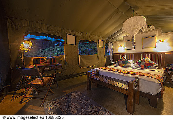 bedroom inside of a luxury camp on the Sri Lankan highlands