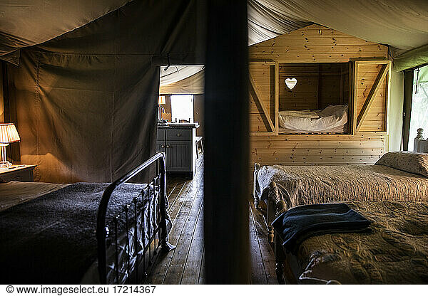 Beds in yurt cabin