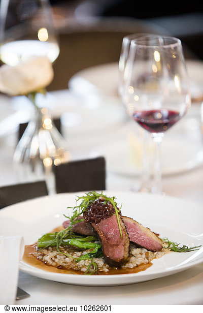 Beef with Arugula and Asparagus on Barley at Wedding Reception